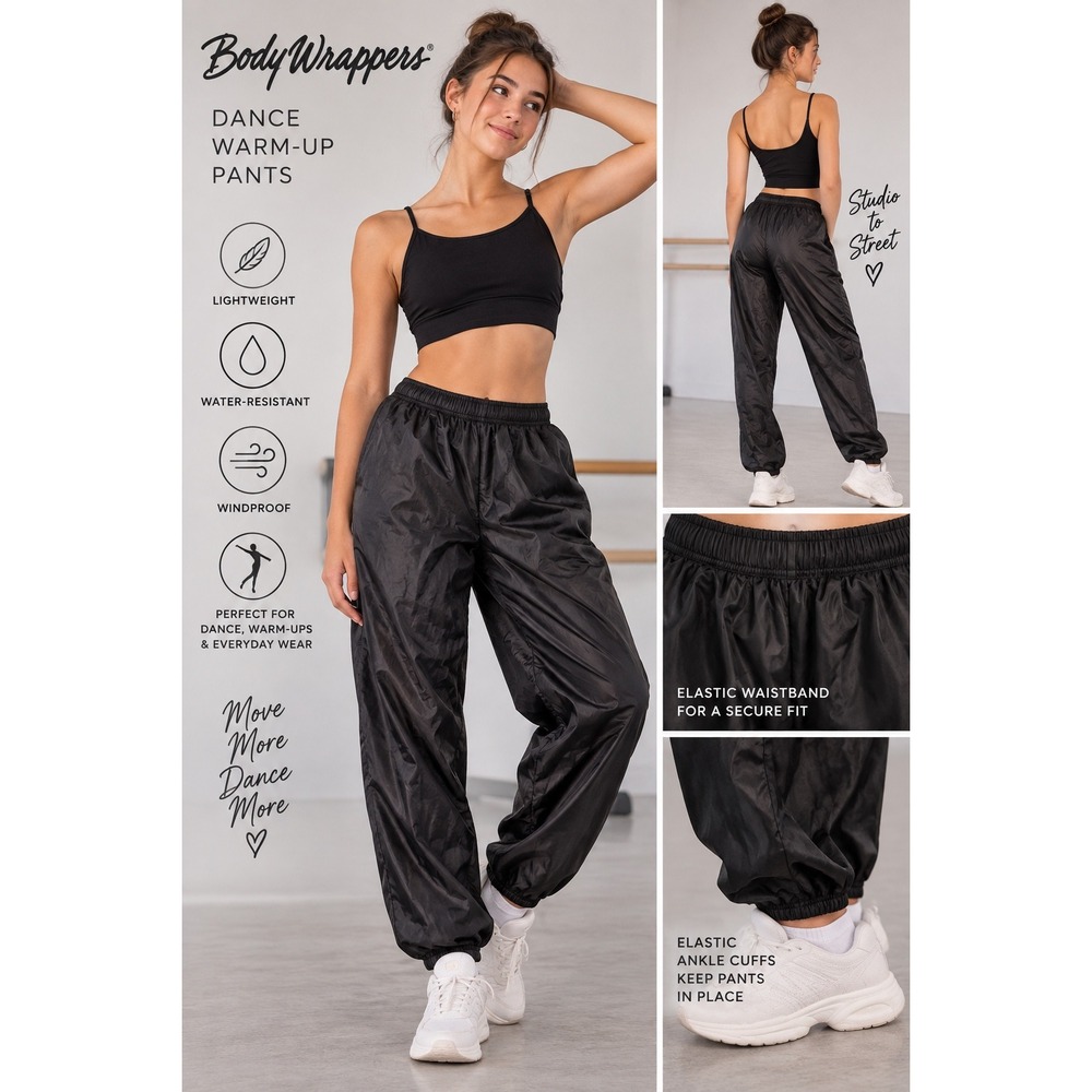 Body Wrappers Girls Dance Warm Up Pants Nylon Black Joggers Ballet Size 12-14